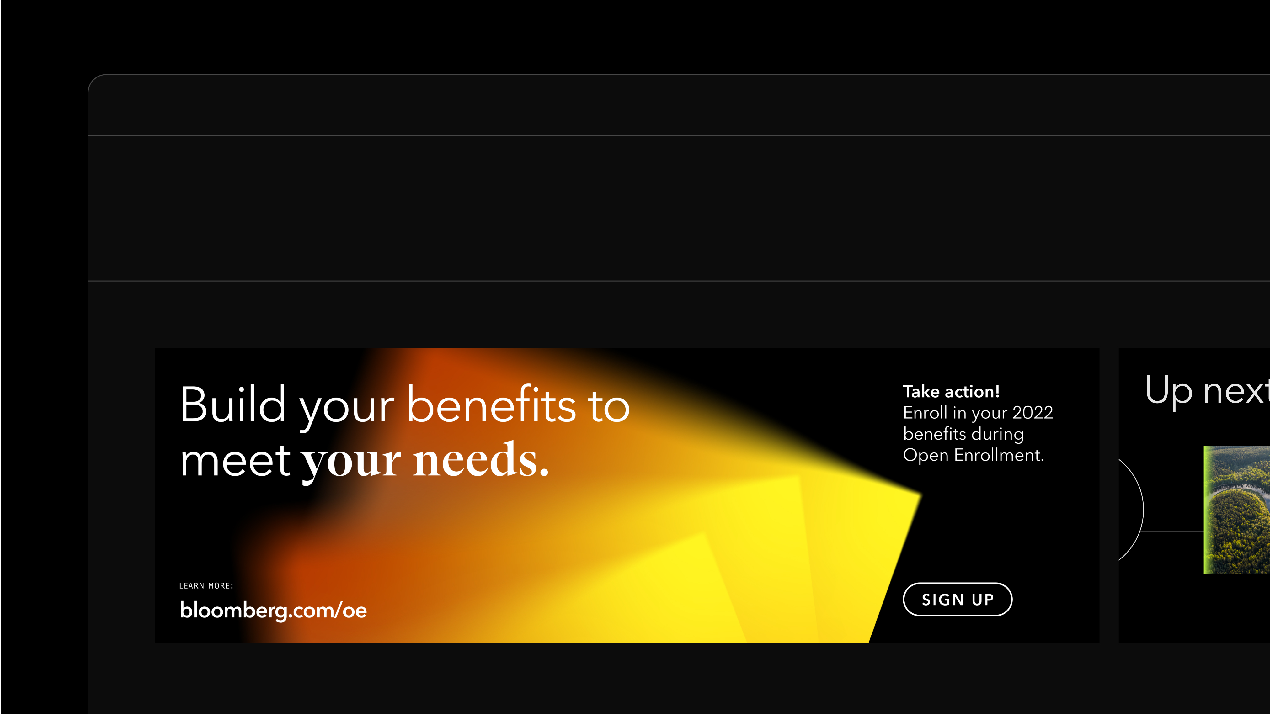 Bloomberg benefits communications pairing orange and yellow geometric graphics with contrasting typography on black.