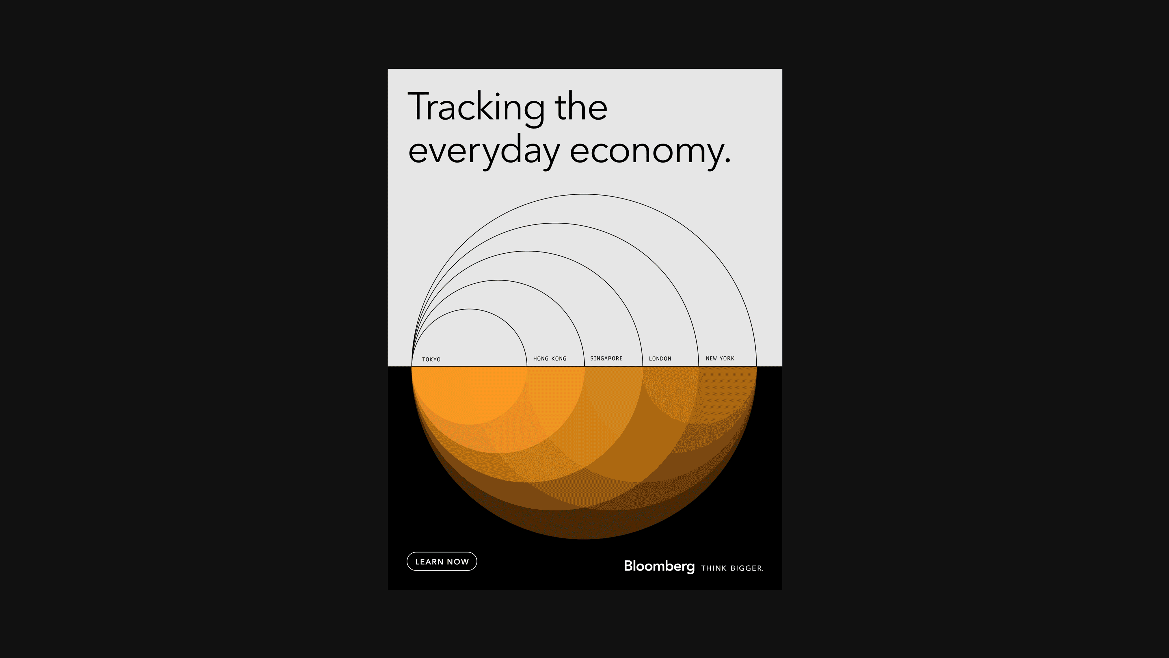 Animated Bloomberg brand applications combining typography, overlapping geometric forms, and saturated color.