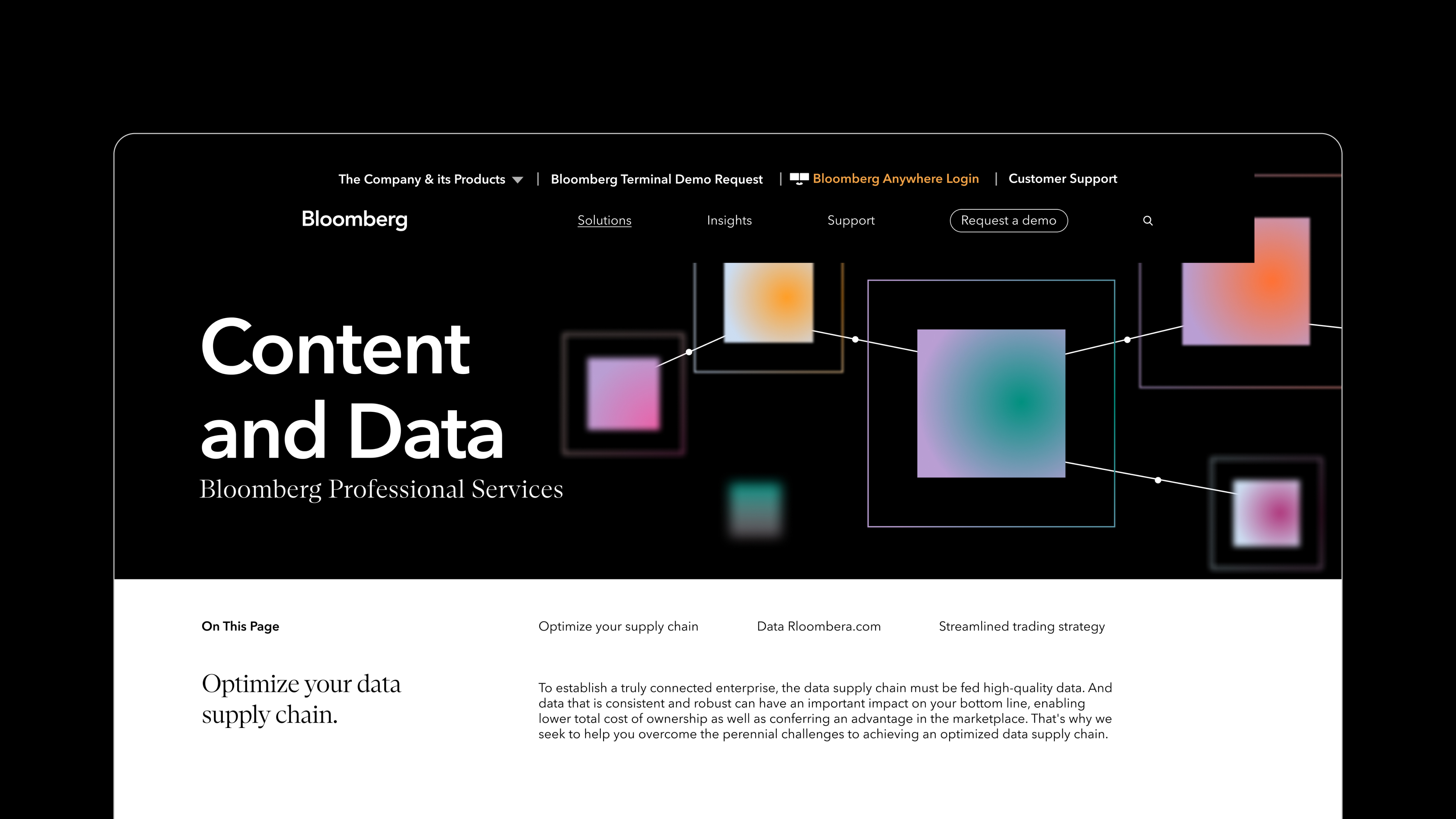A Bloomberg Content and Data website layout with connected geometric forms and multicolored gradients.