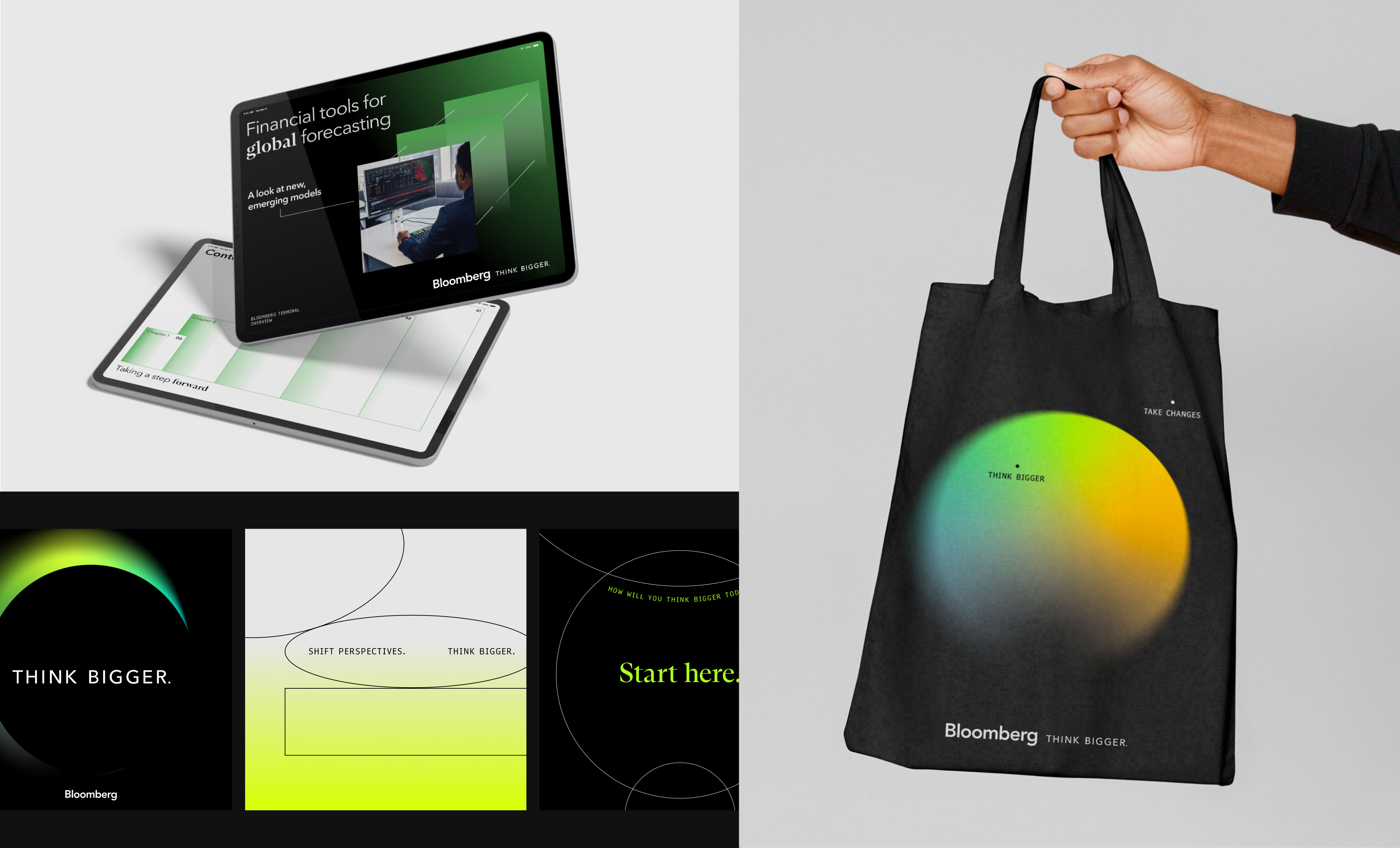 Bloomberg digital applications, graphic compositions, and a black tote bag featuring a vivid circular color gradient.