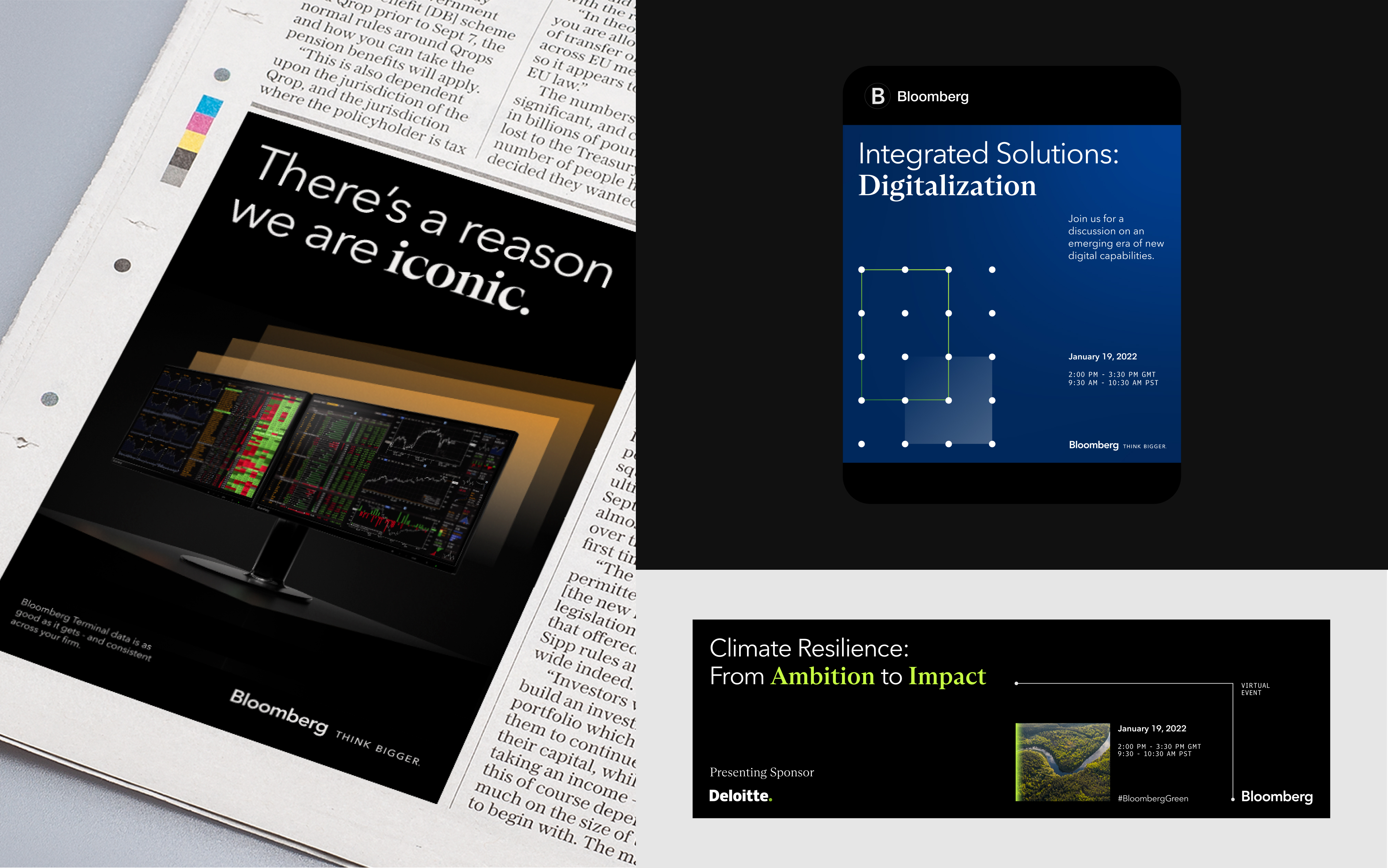 Bloomberg editorial and event applications, including a newspaper advertisement, a blue mobile layout, and a climate-resilience graphic.