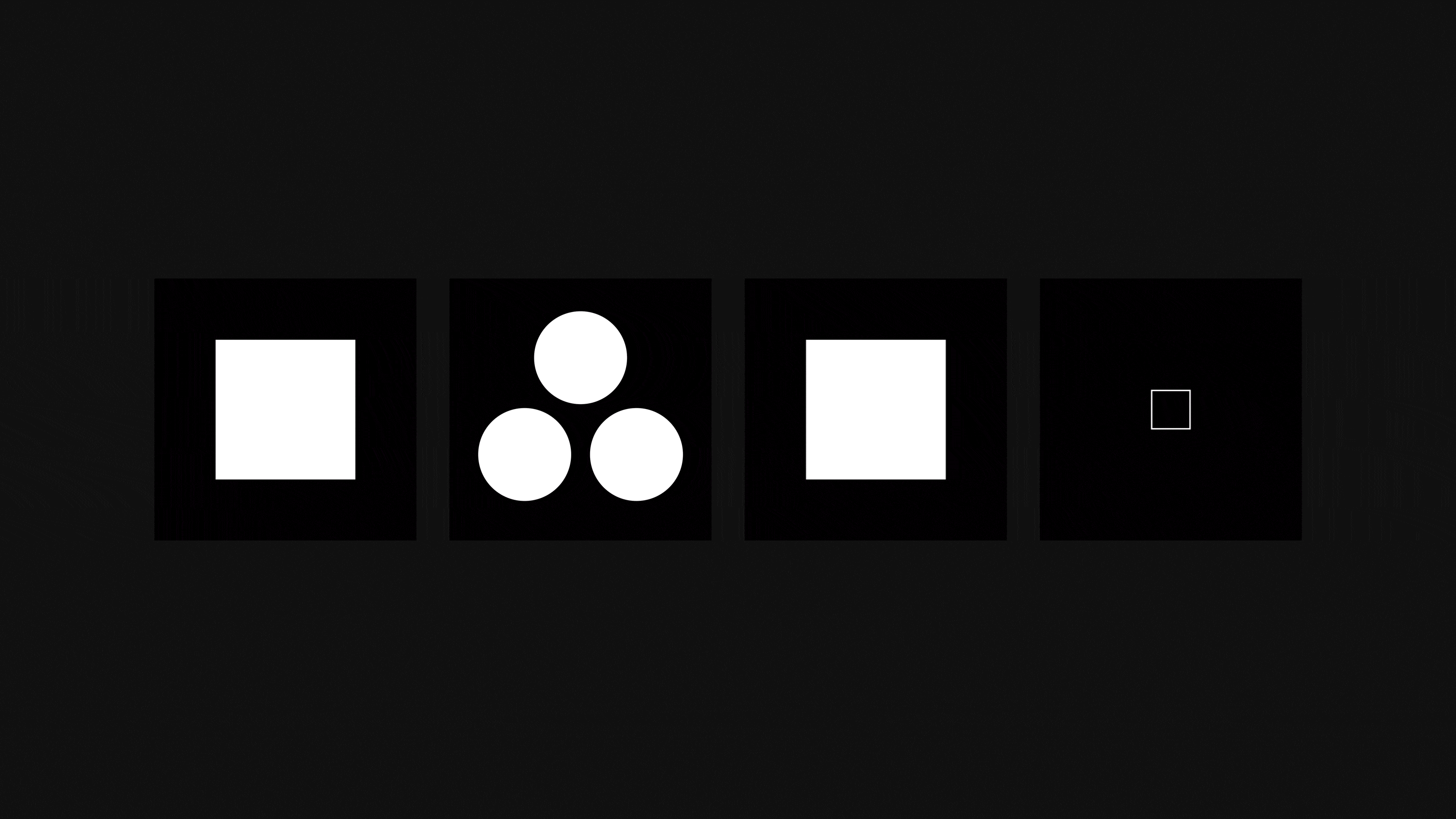 An animated sequence of white geometric forms on black, exploring the Bloomberg identity's modular shape system.