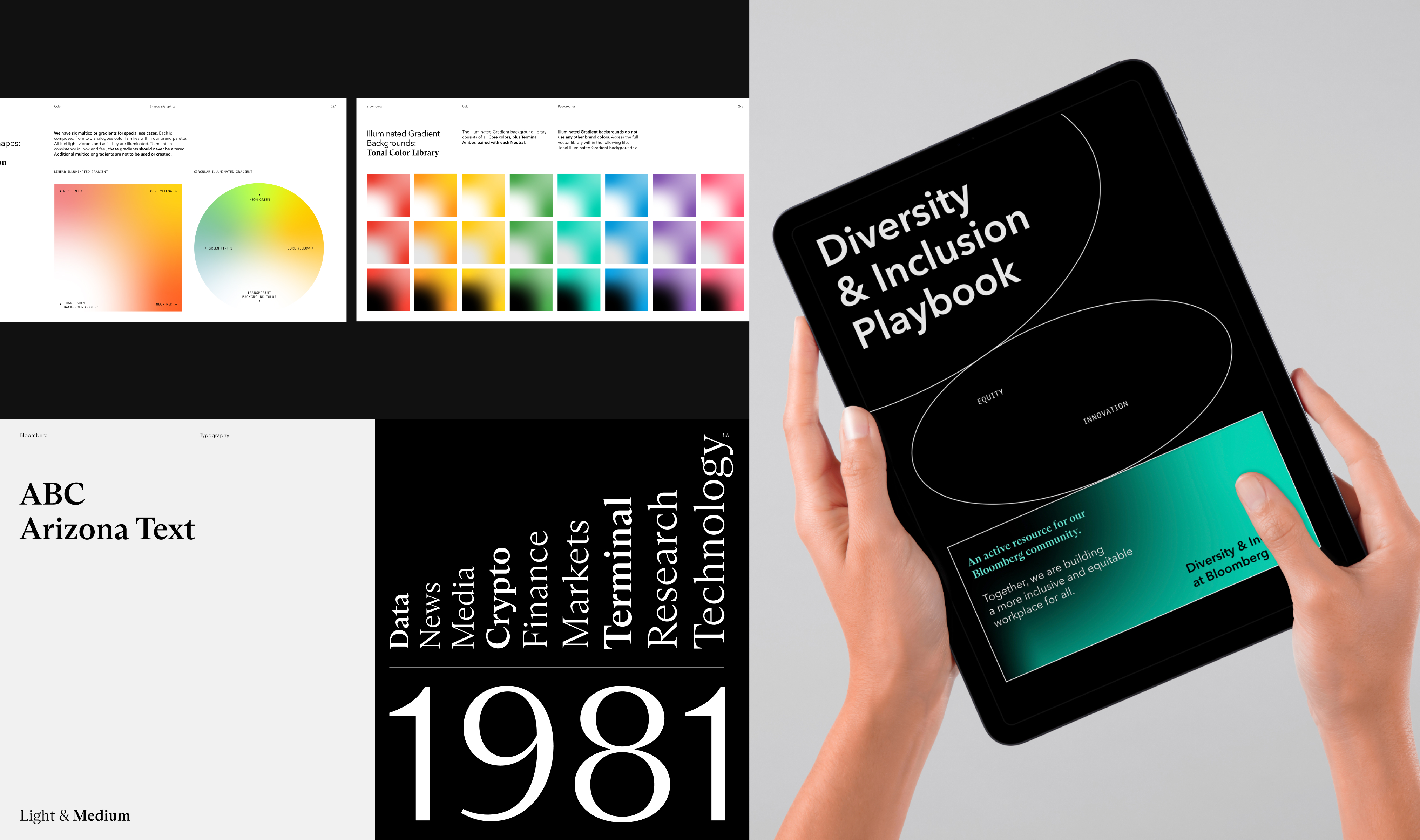 Bloomberg identity guidelines showing the color palette, ABC Arizona Text typography, and a Diversity and Inclusion Playbook on a tablet.