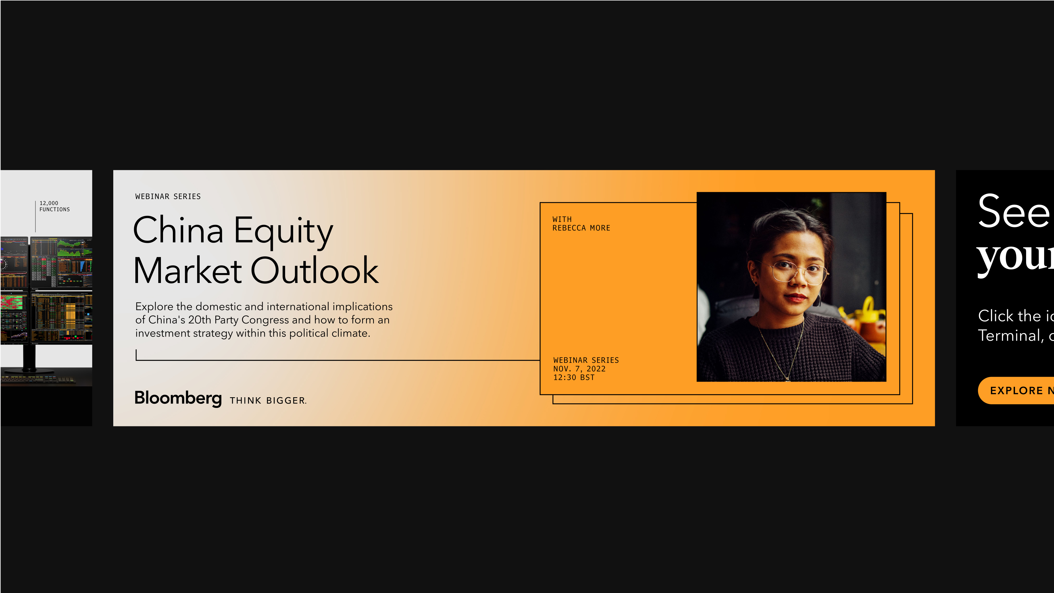 A China Equity Market Outlook webinar layout with orange color fields, outlined frames, typography, and a speaker portrait.