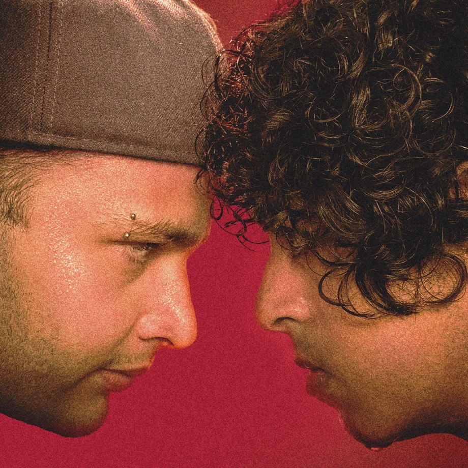 Dente de Cão cover artwork with two close-up profiles facing one another against a deep red background, finished with a grainy texture.
