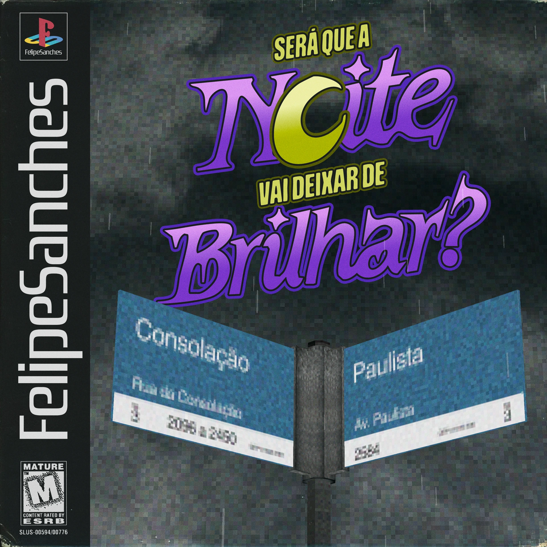 Alternative PS1-style cover with purple and yellow lettering above the pixelated street-sign scene.
