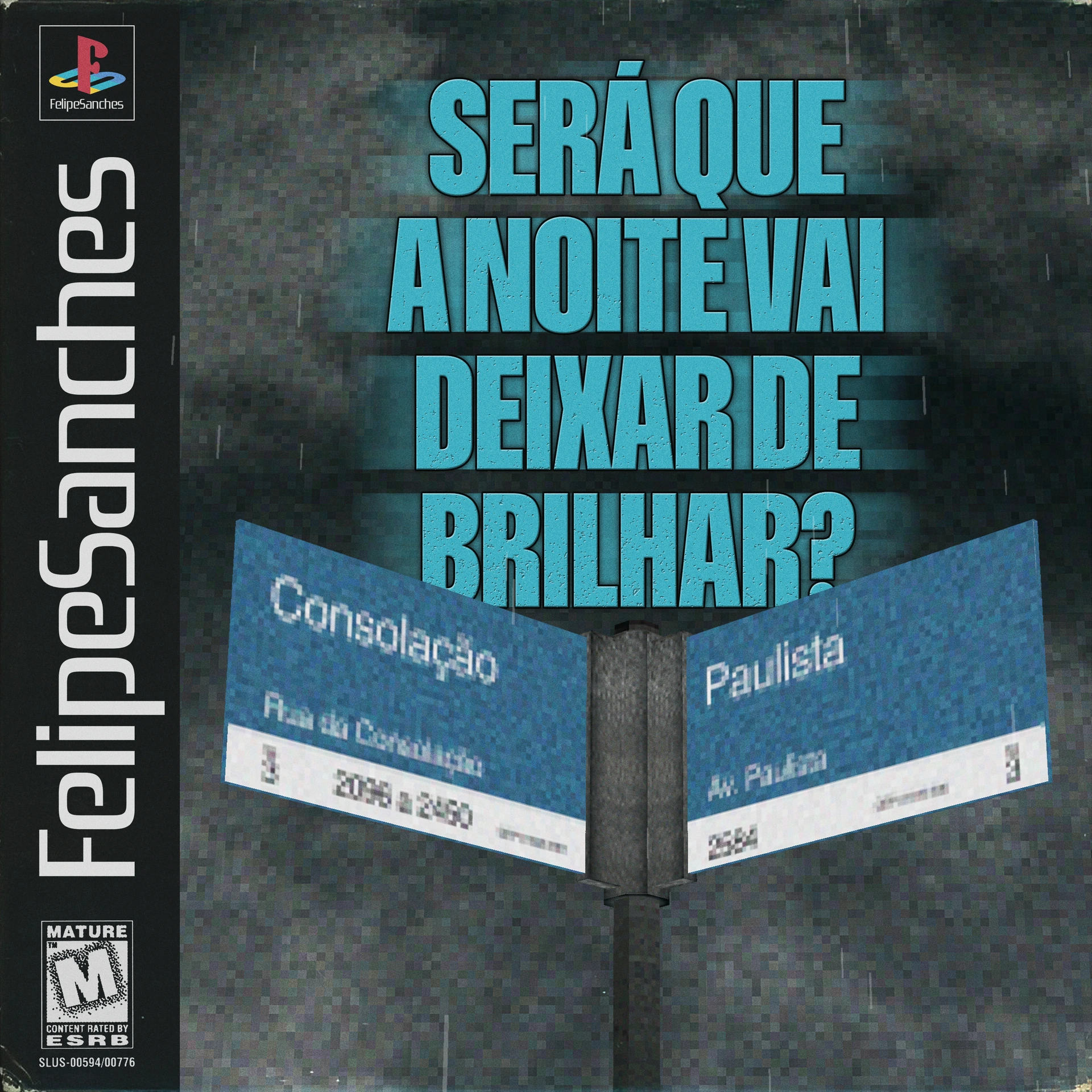 PS1-inspired cover sketch using turquoise block lettering and a vertical Felipe Sanches game-case spine.