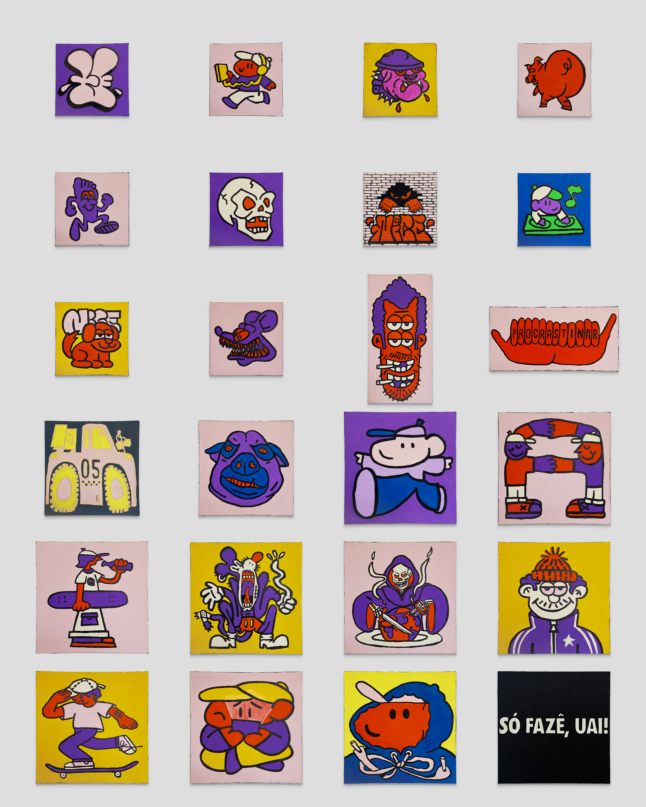 All 24 paintings from the first drop arranged together, including colorful characters, skulls, lettering, animals, and the Nice Studio hand symbol.