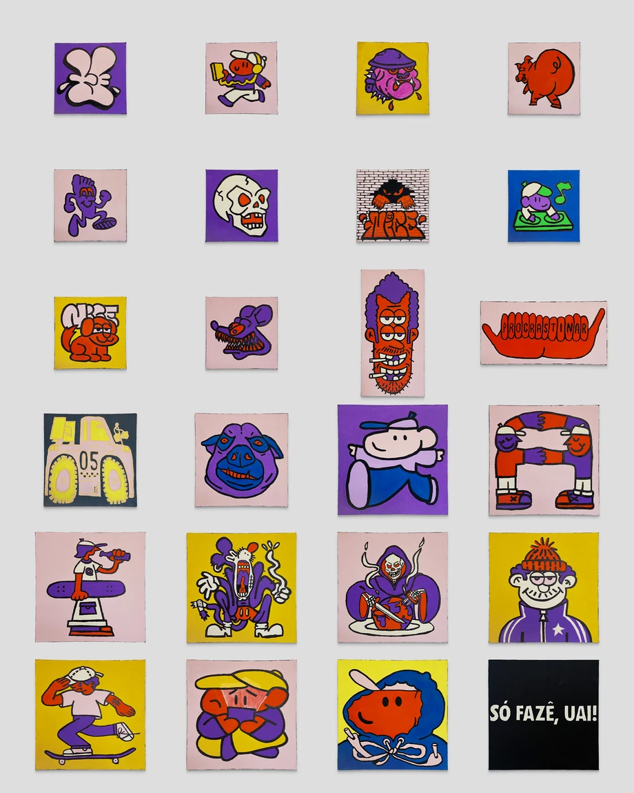 An overview of the complete first collection of 24 acrylic paintings, featuring colorful characters, lettering, and the Nice Studio logo.