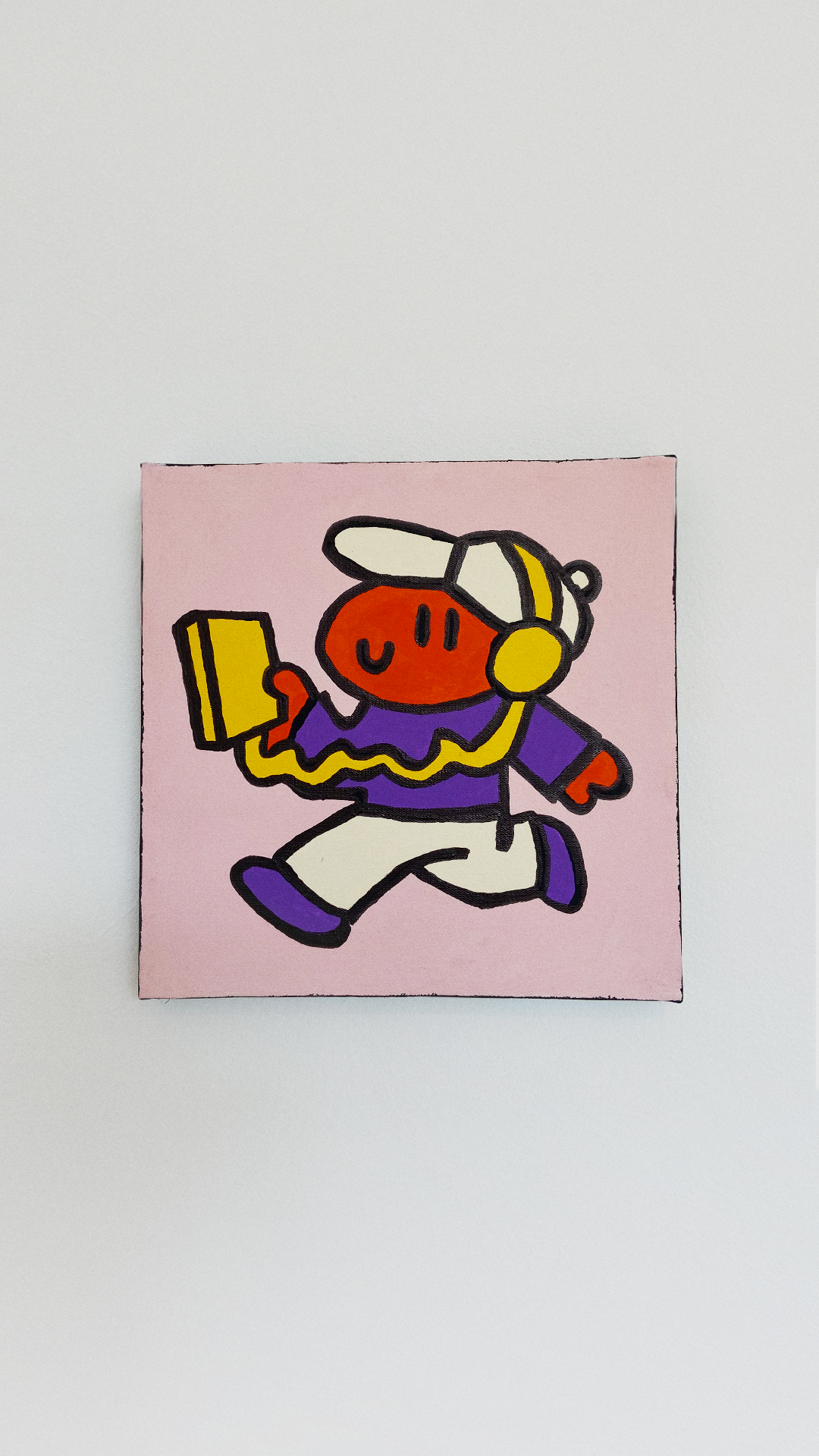 A smiling orange character walking with headphones and a yellow handheld player on a pale pink canvas.
