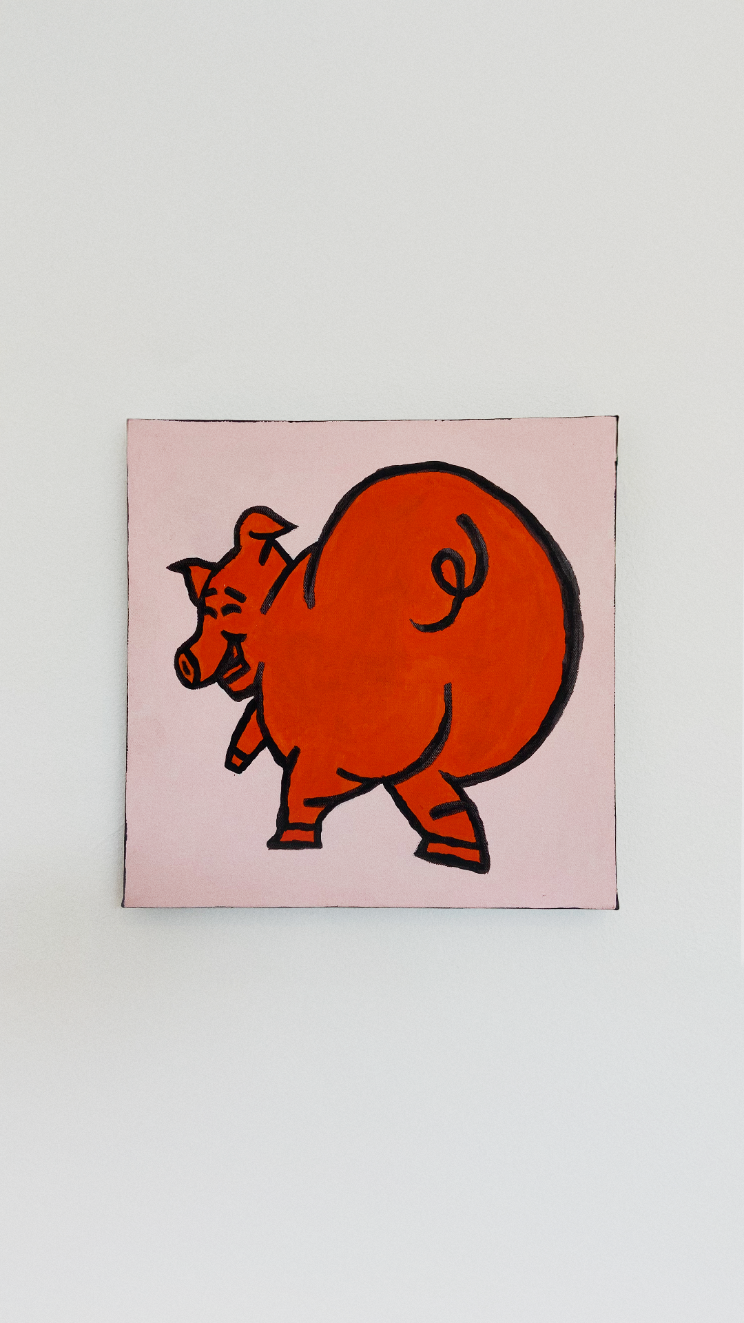 An orange cartoon pig looking back over its shoulder, outlined in black on a pale pink canvas.