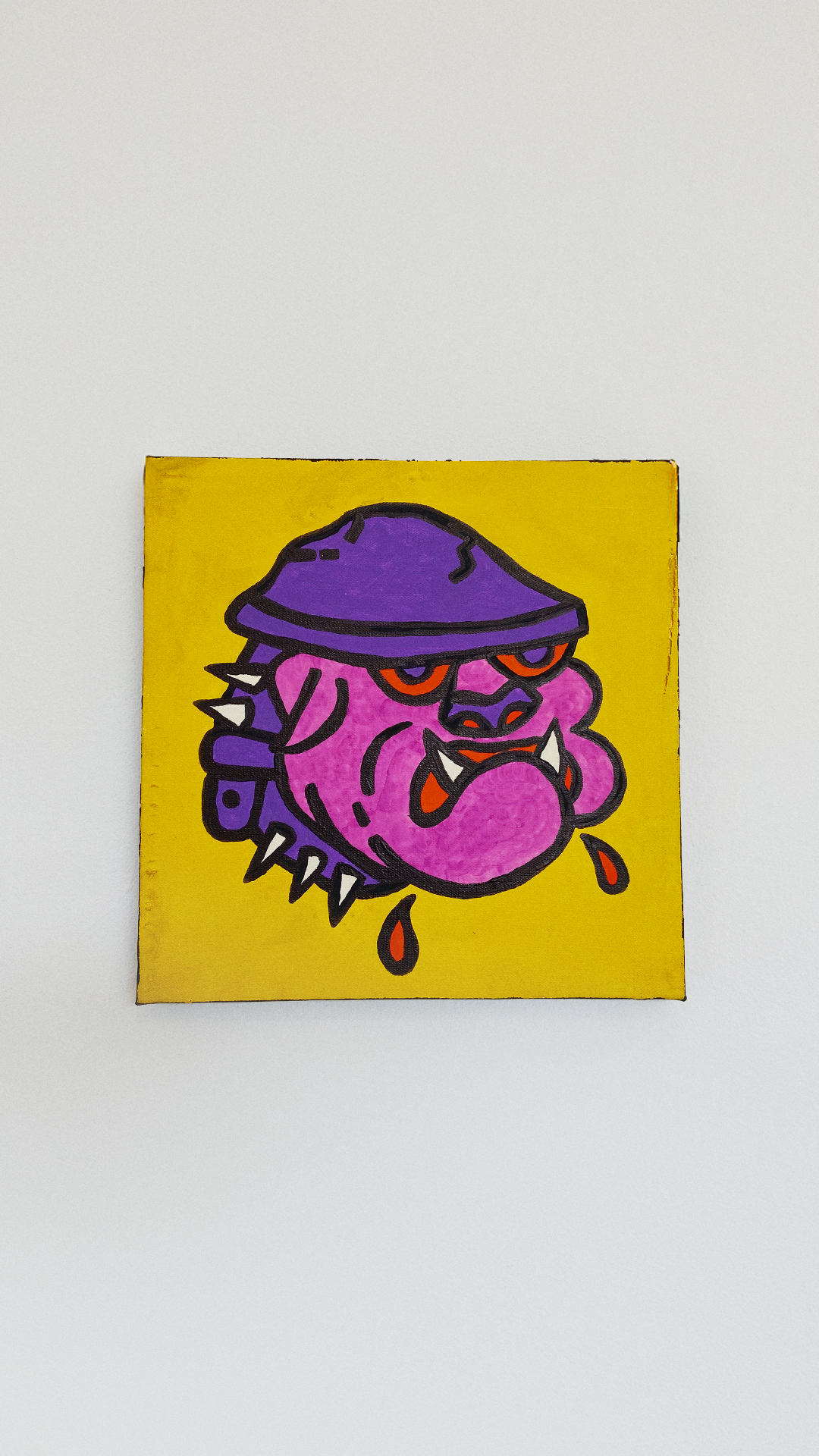 A pink bulldog wearing a purple hat and a spiked collar, painted against a yellow background.