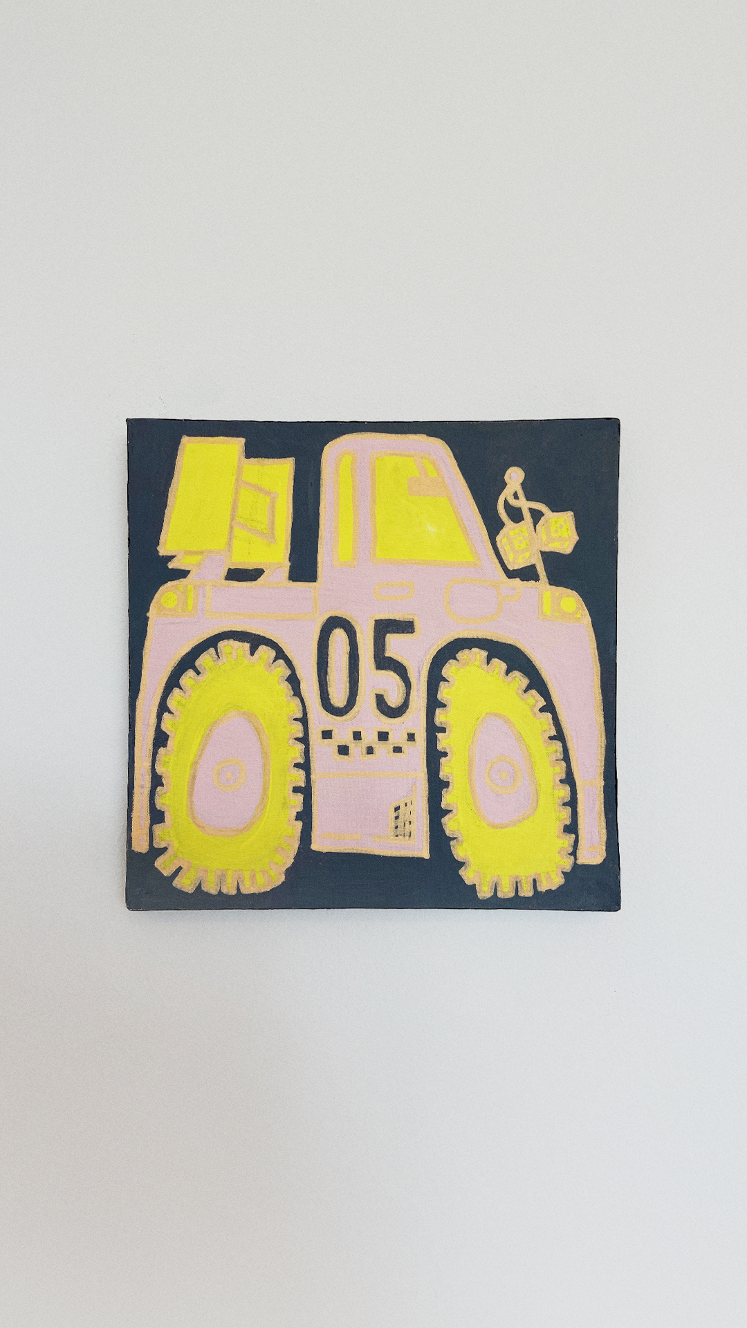 A stylized pink and yellow construction vehicle marked '05' on a dark acrylic-painted canvas.