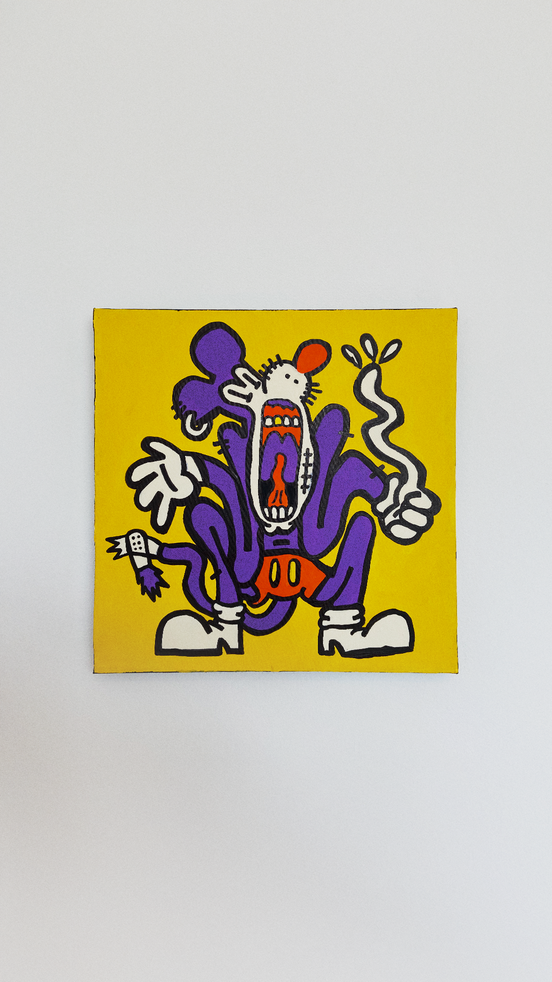 A purple multi-limbed mouse-like character with white gloves and shoes and an open orange mouth on yellow canvas.
