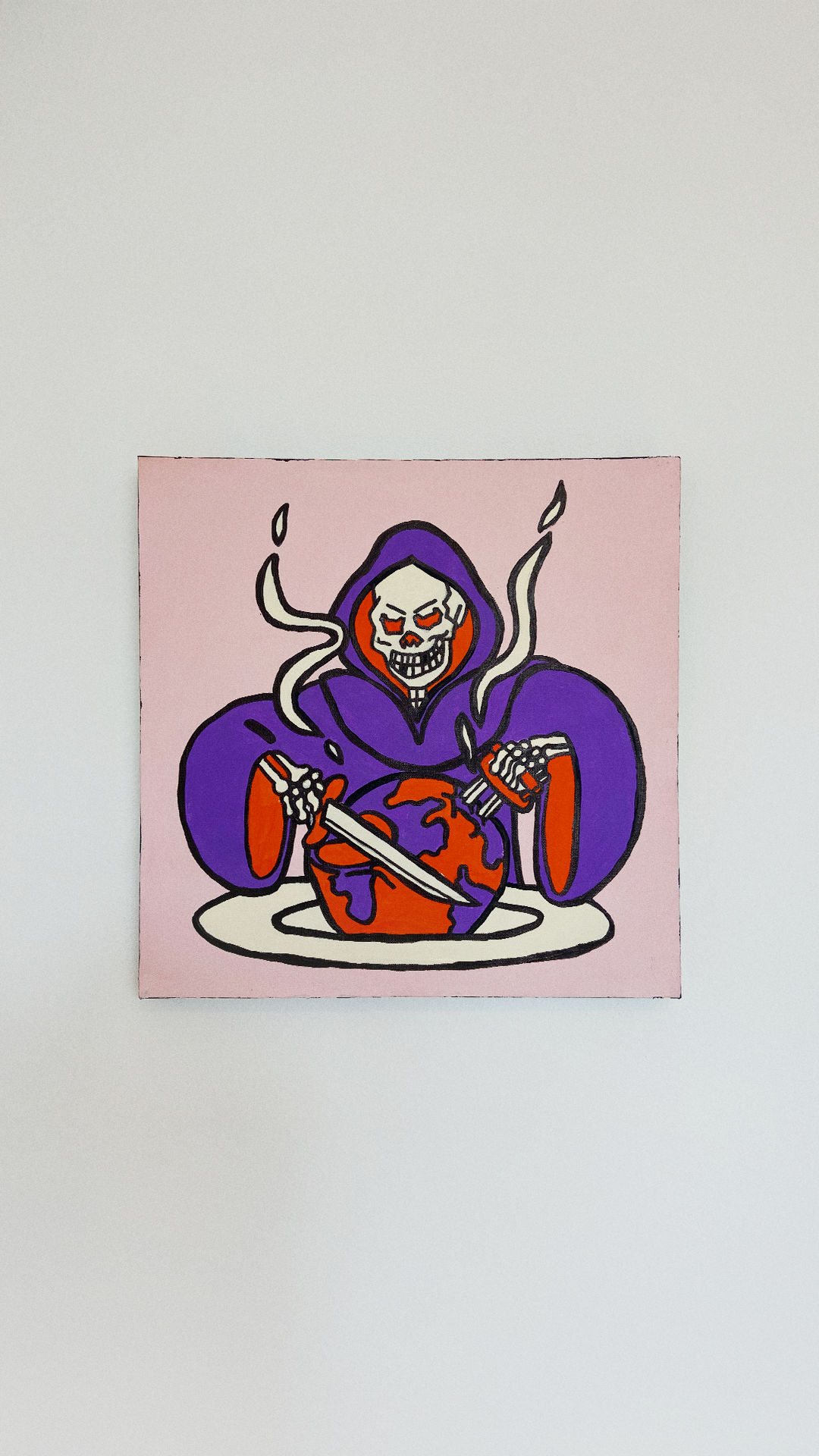 A hooded skeleton in purple cutting into an orange and purple globe with a knife and fork on a pink background.