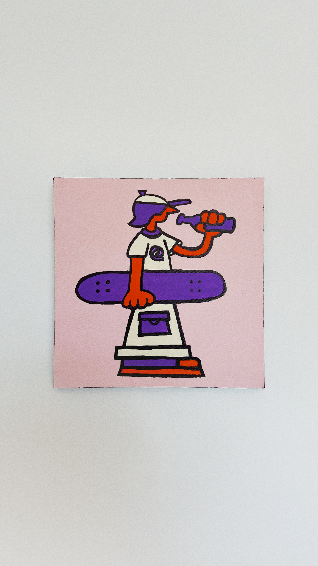 A cap-wearing orange character holding a purple skateboard and drinking from a purple bottle on a pink canvas.