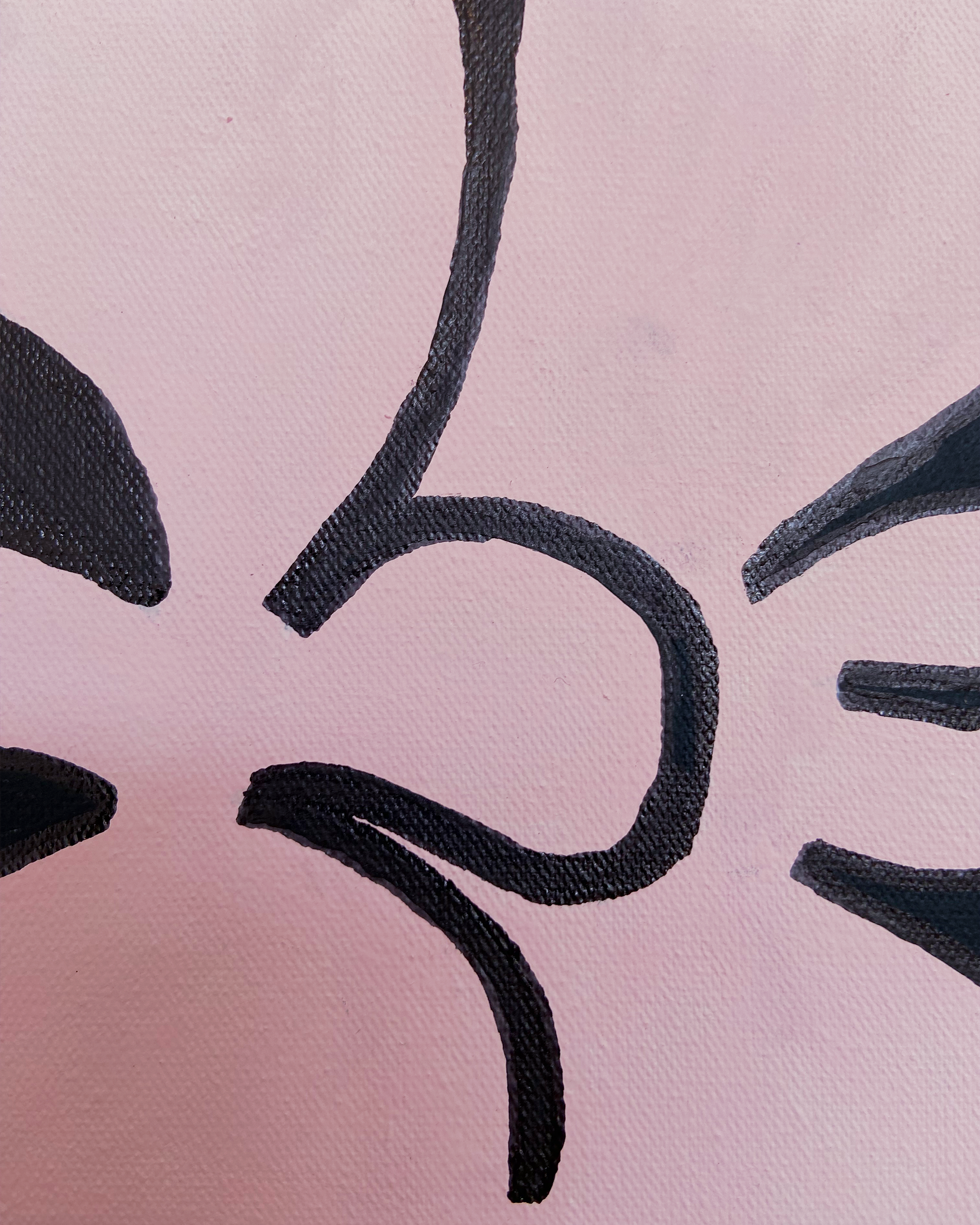 Close-up of the curved black lines across the pale pink center of the Nice Studio painting, revealing the hand-painted surface and canvas texture.