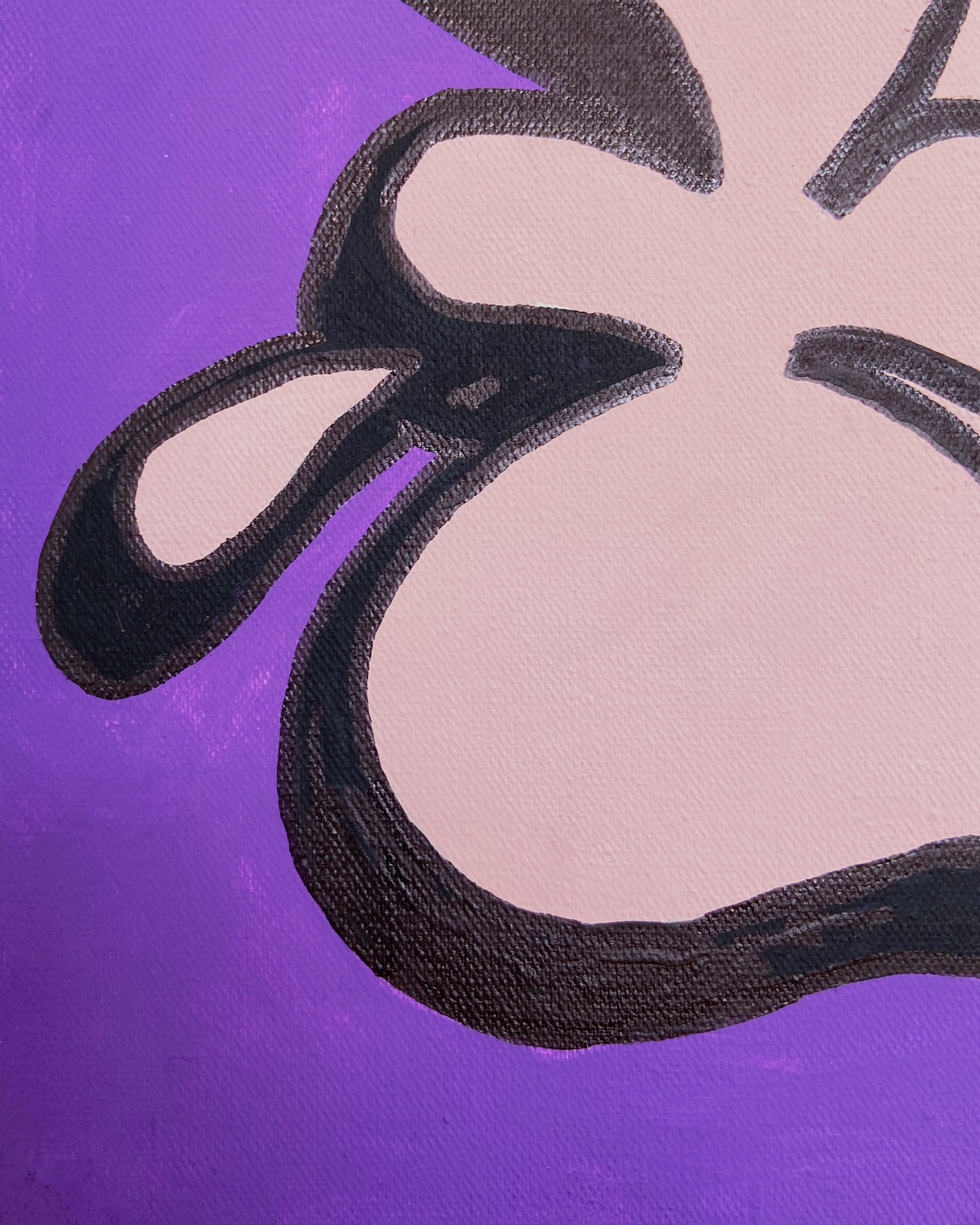 Detail of the lower pink shape and small loop in the Nice Studio painting, with bold black outlines on purple canvas.