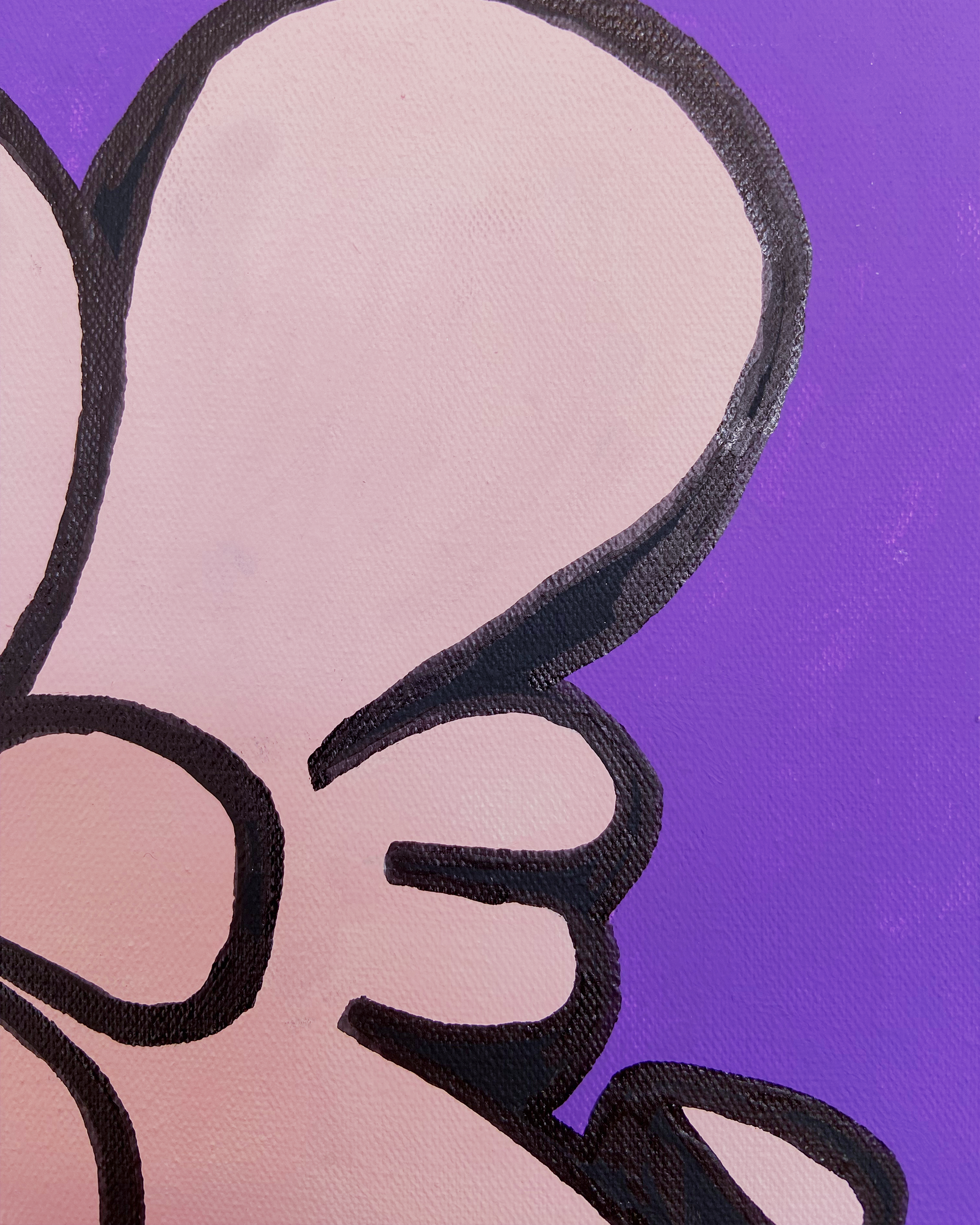 Close-up of the upper pink forms and thick black contours of the Nice Studio logo painting, showing the canvas weave against the purple background.