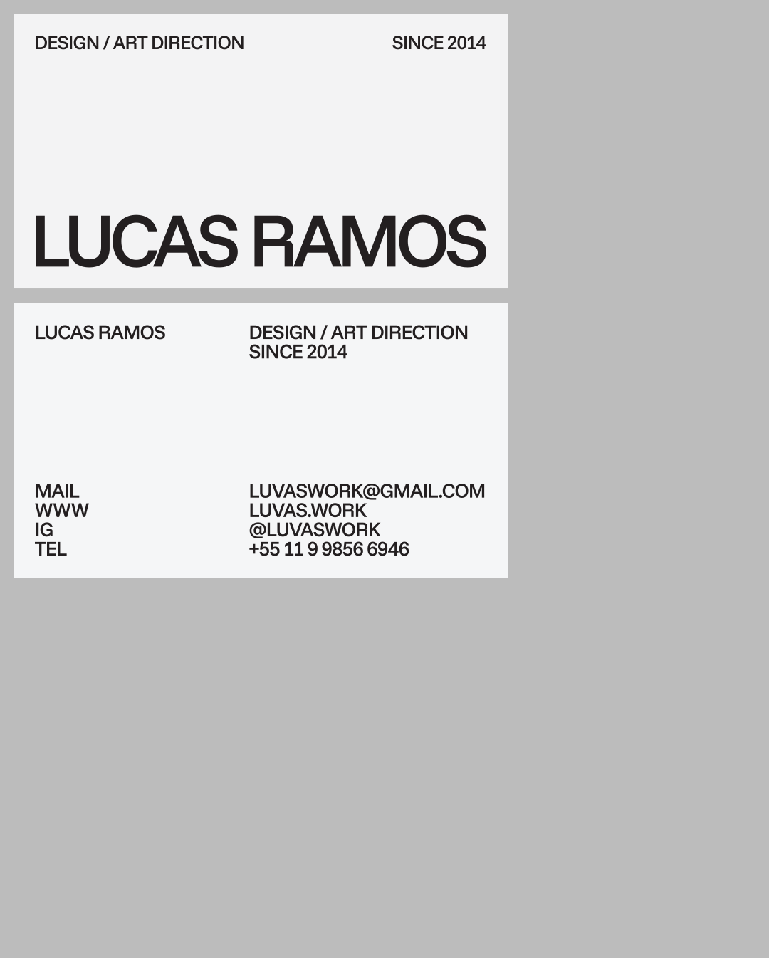 Front and reverse of Lucas Ramos's black-and-white business card, presented on a gray background.