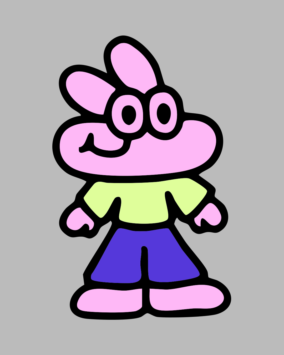 Niceboy, the Nice Studio mascot, shown from the front with a pink peace-sign-shaped head, lime green shirt, purple trousers, and bold black outlines.