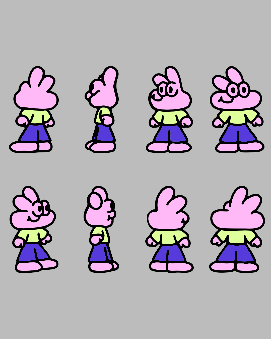 Niceboy's character turnaround showing eight front, side, three-quarter, and back views arranged on a gray background.