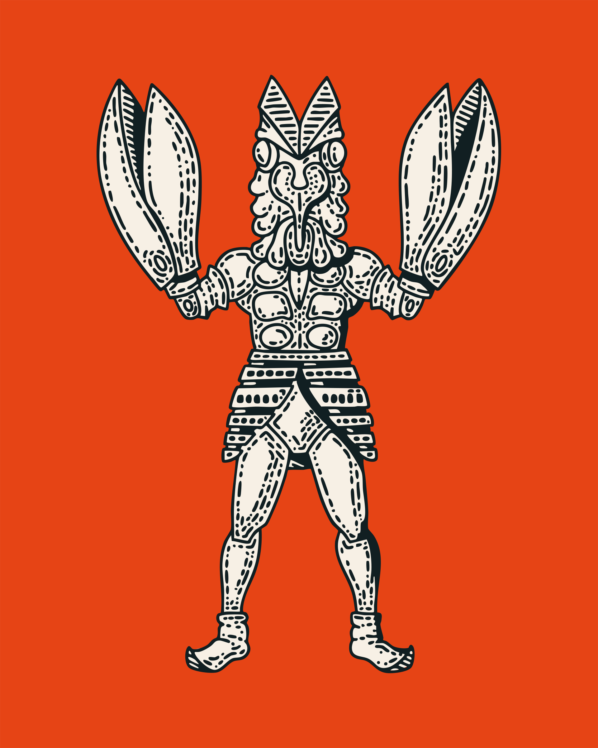 Full Alien Baltan illustration with raised claws in cream on an orange background.