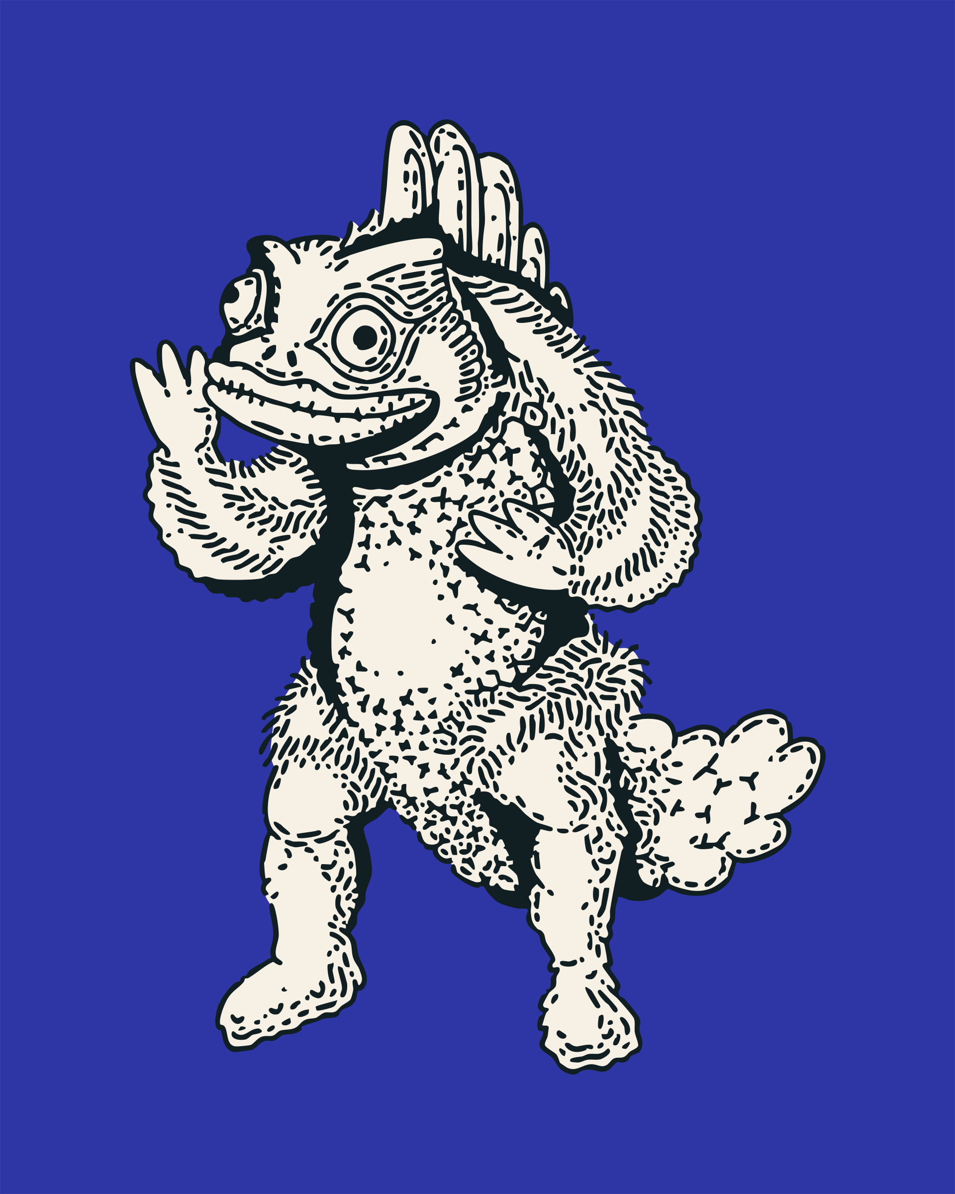 Cream-colored Guesura illustration on a blue background for Pocket Toy Company.