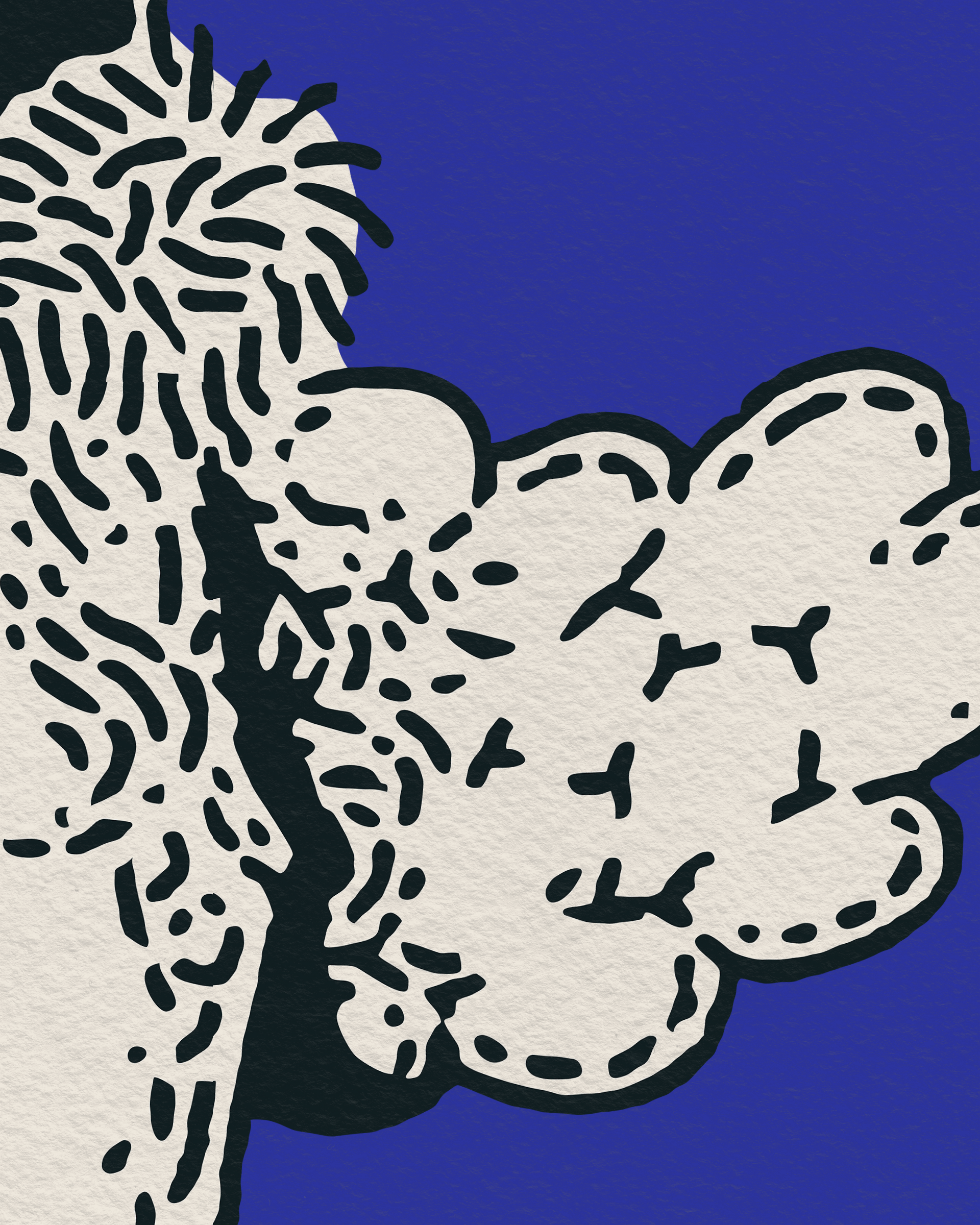 Close-up of Guesura's textured tail and back in the cream and blue illustration.