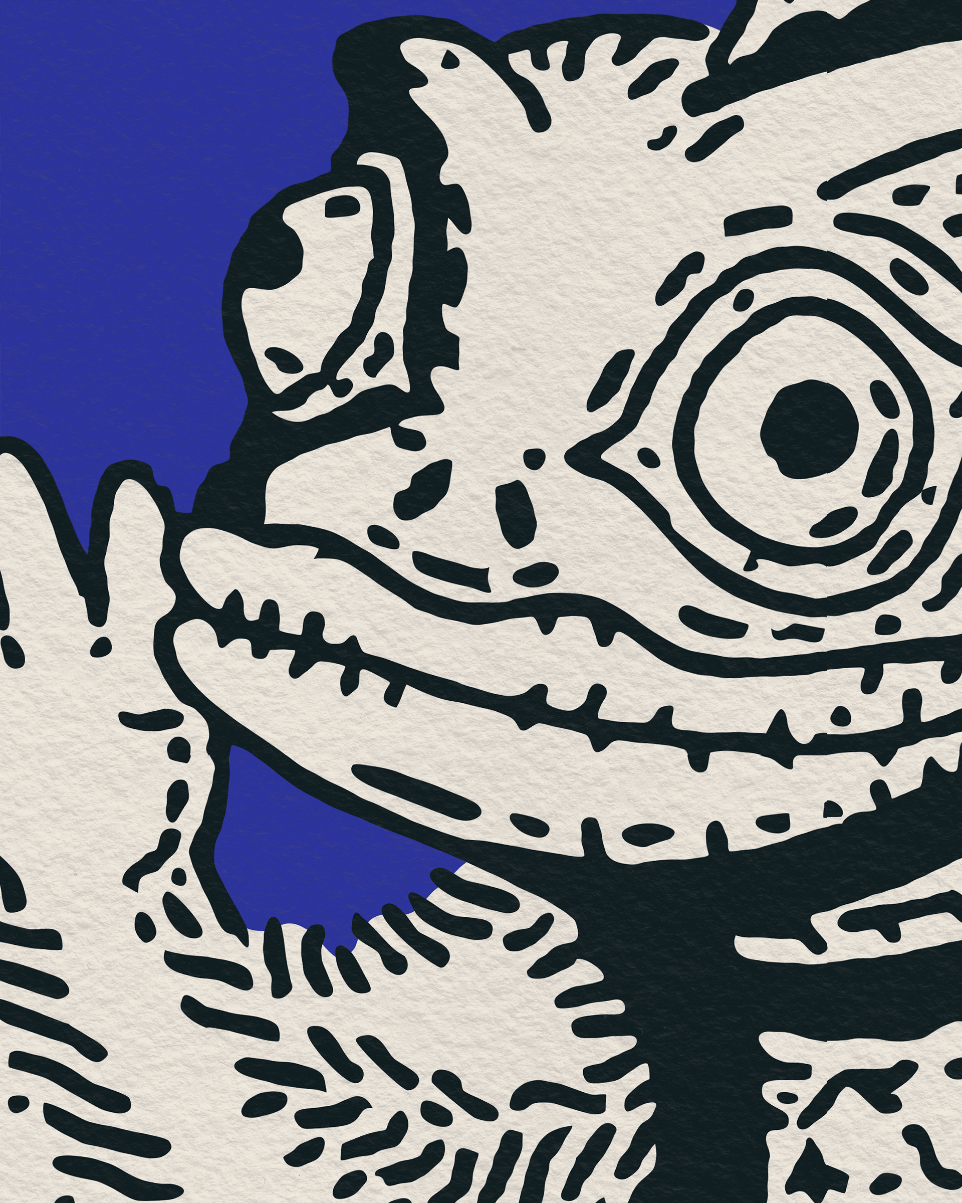 Close-up of Guesura's face showing the illustration's detailed black linework.