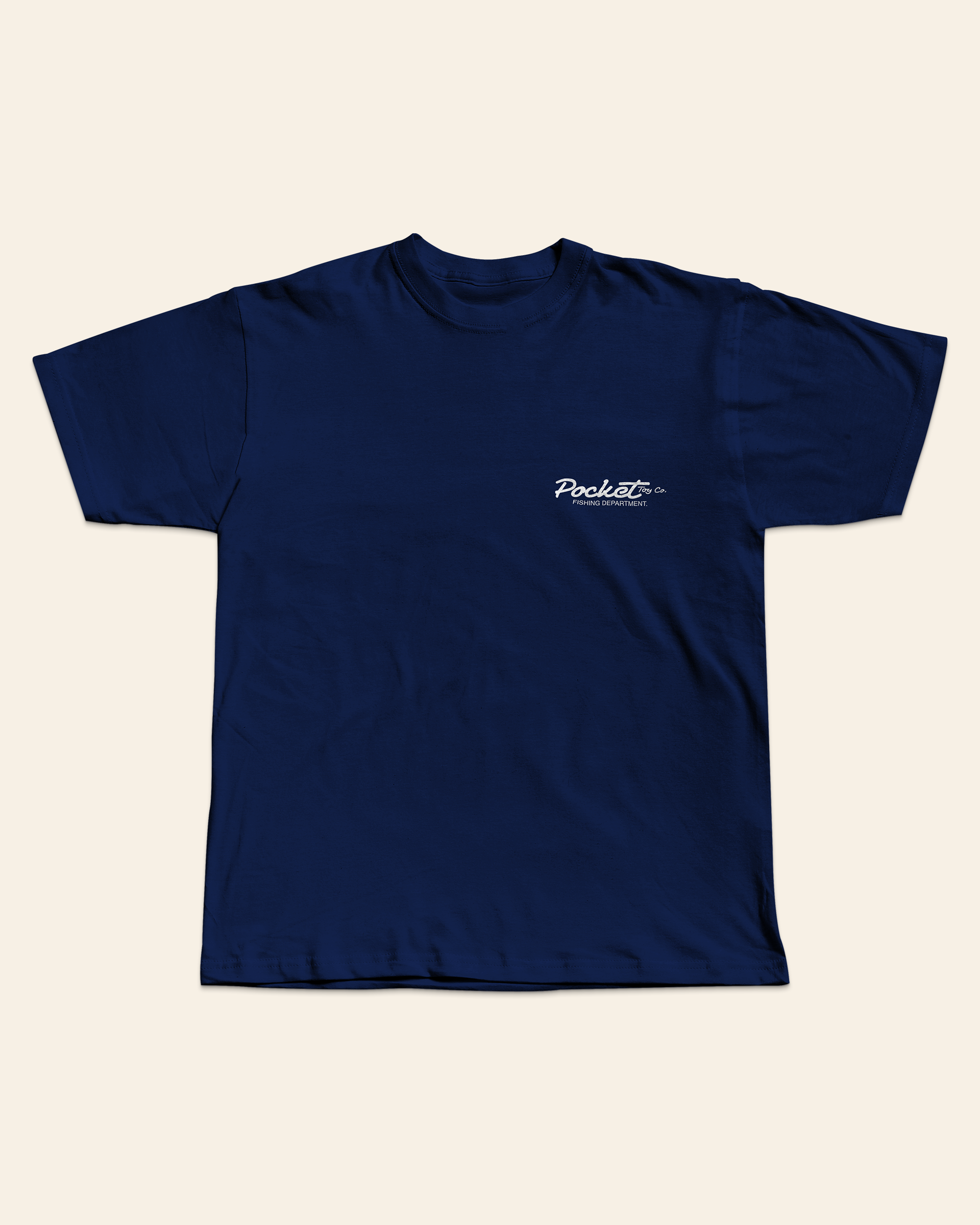 Front of a navy Pocket Toy Company T-shirt with a small white chest logo.