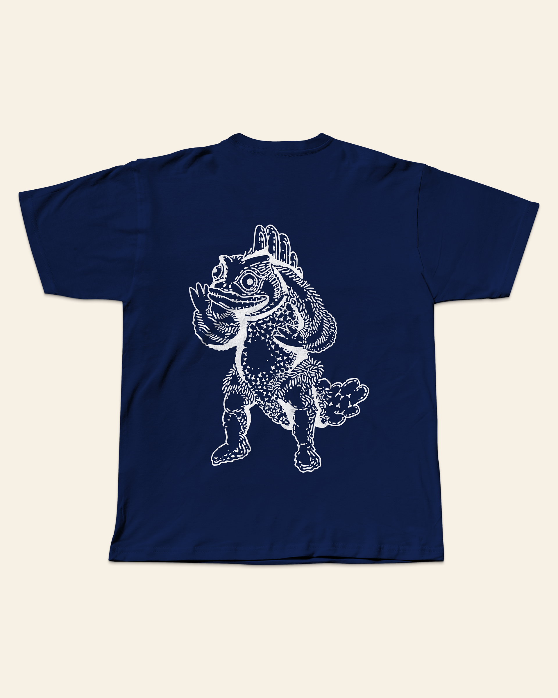 Back of the navy T-shirt featuring the Guesura illustration printed in white.