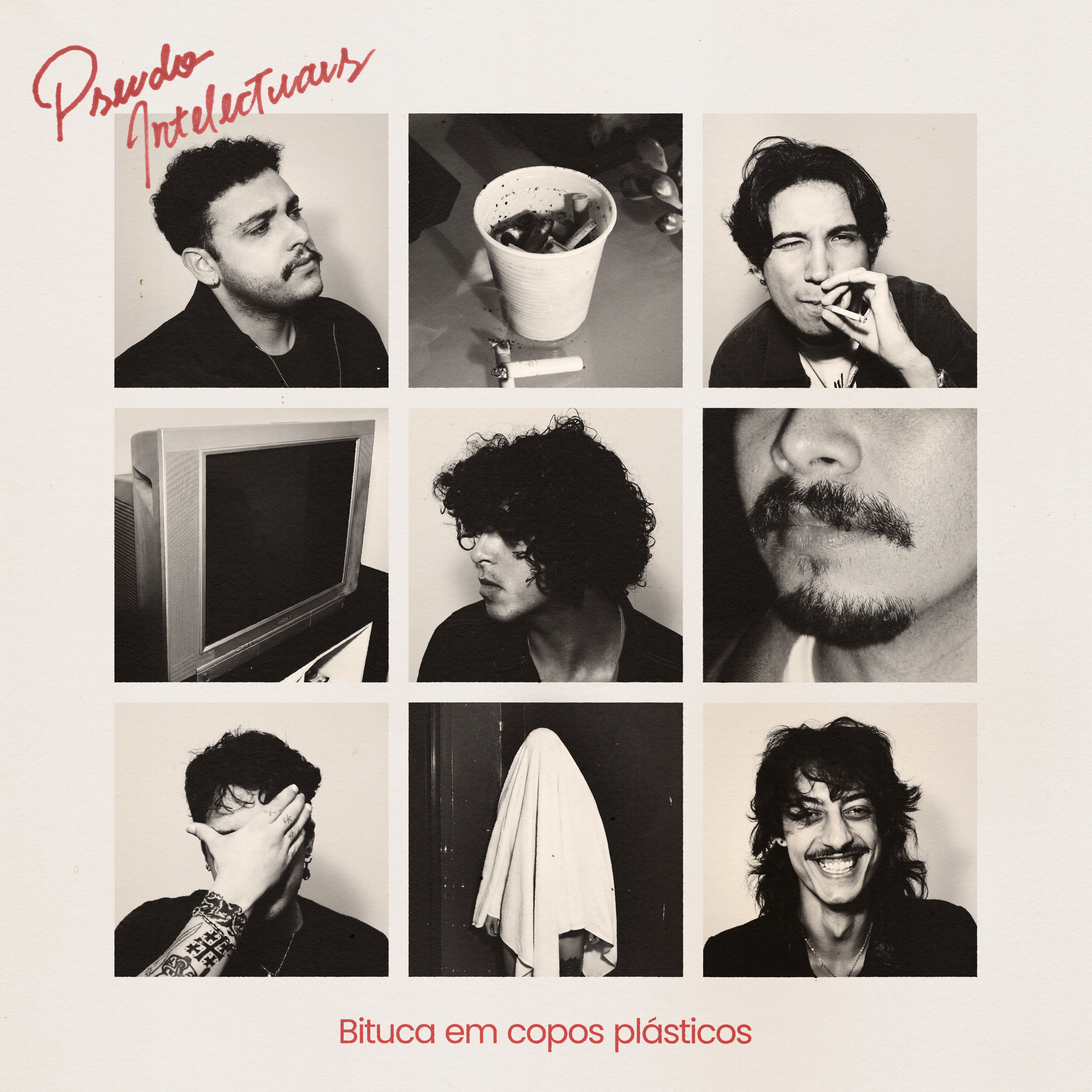 Cover artwork for Pseudo Intelectuais' debut EP Bituca em copos plásticos, combining monochrome portraits, a cup of cigarette ends, a television, and a figure under a sheet in a nine-image grid, with red lettering on a textured off-white background.