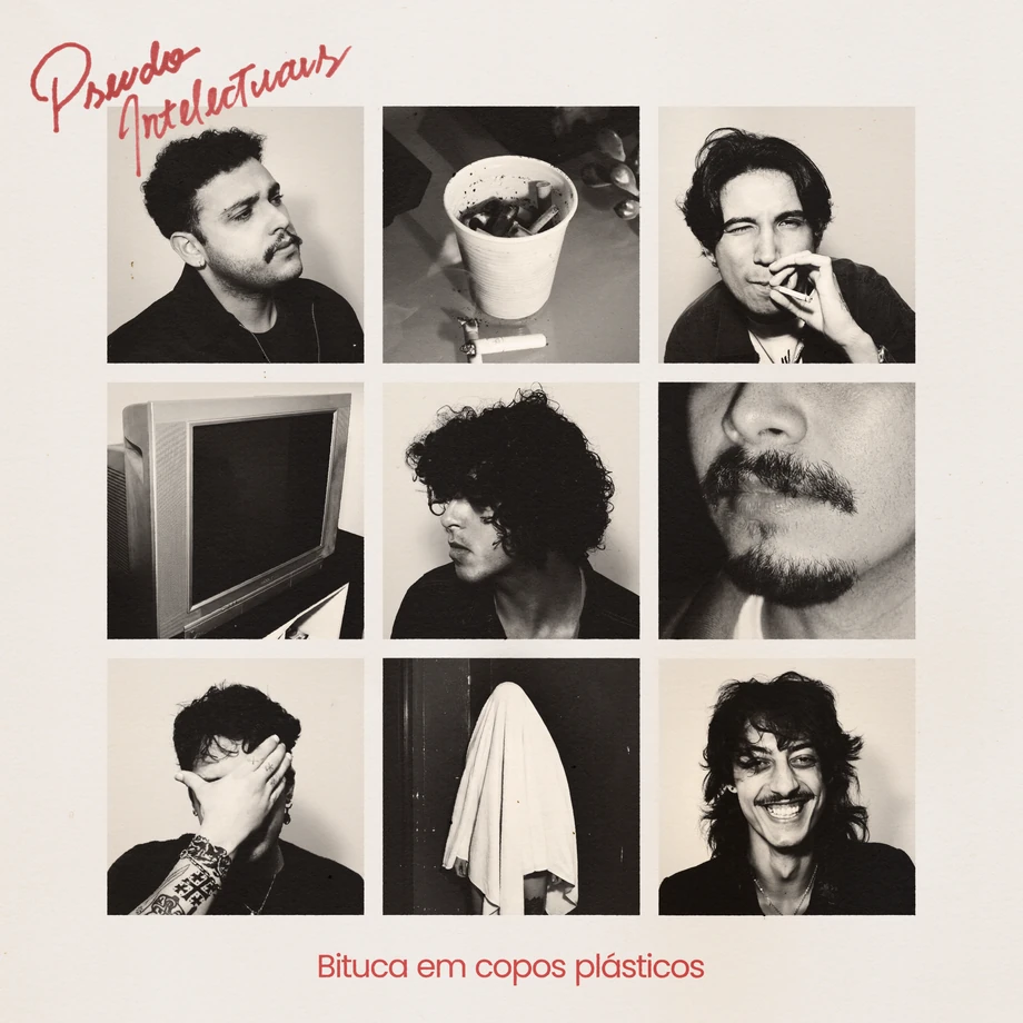 Bituca em copos plásticos EP cover: a nine-image monochrome photo grid, red lettering, and a textured off-white background.